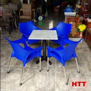 Bộ bàn ghế cafe nhựa đúc chân inox ống 27 (ghế kim ngọc Ø27) (Màu xanh dương)
